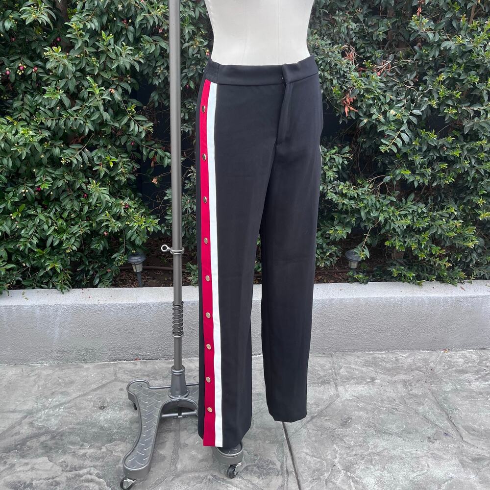 Zara Woman Side Snap Trousers Black Burgundy White Stripe Wide Leg Size M